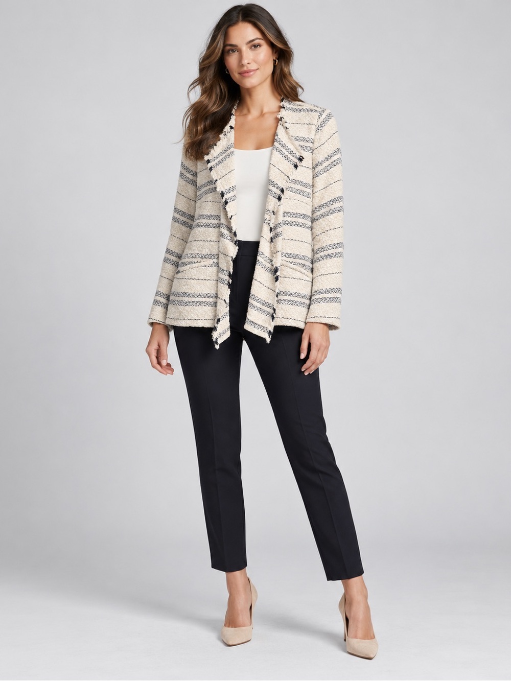 Express Cream Striped Tweed Open-Front Jacket - Women
